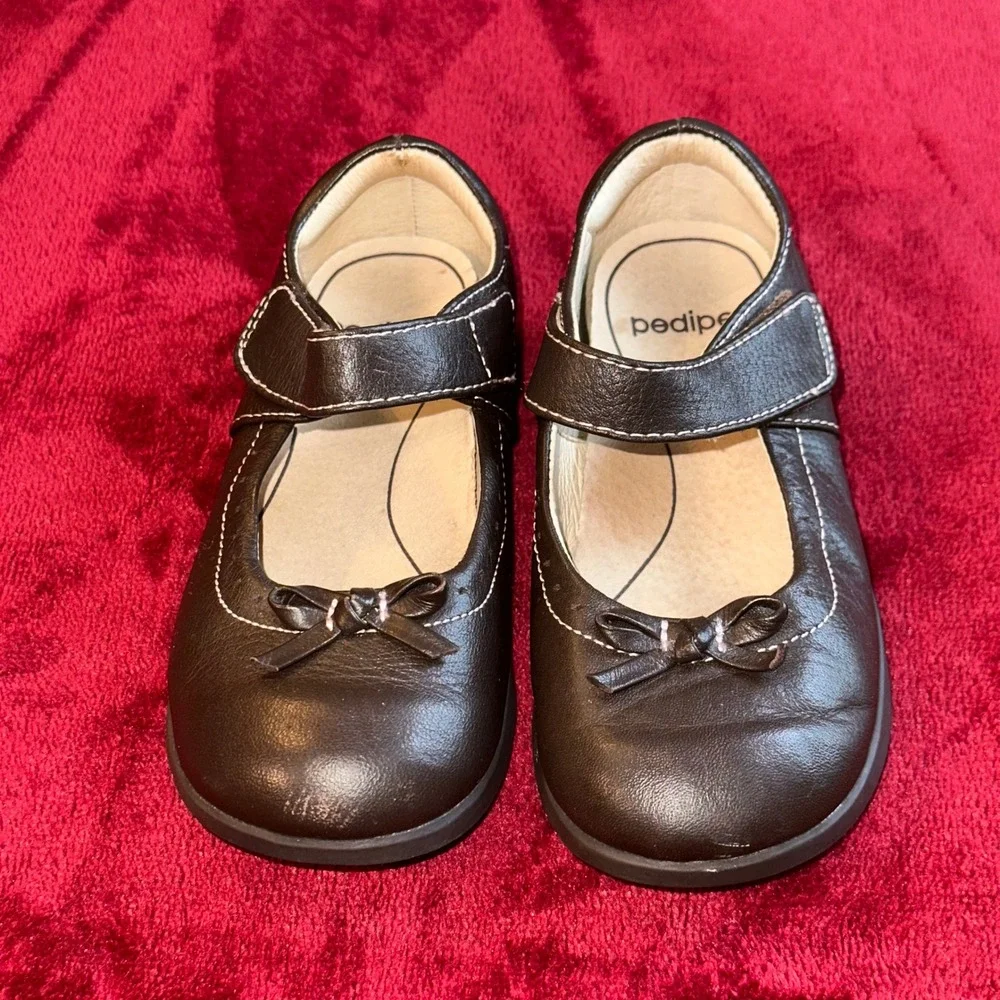 Pediped Flex‎ Kids Mary Jane Shoes Dark Brown Leather Bow Strap Size EU 26